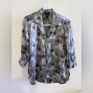 Gray 3/4 Sleeve Boxy Blouse with Notched Collar City 100% Silk